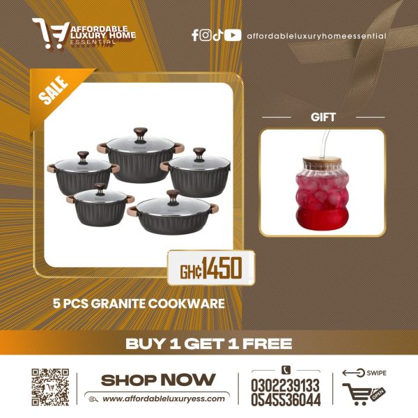 Momcoc 5-Piece Granite Non-Stick Cookware Set + Bubble Glass Cup