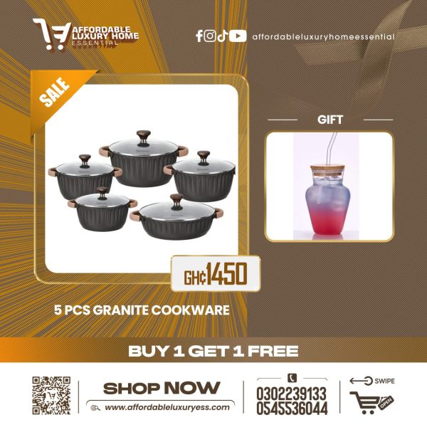 Momcoc 5-Piece Granite Non-Stick Cookware Set + GlasKey Glass Tumbler