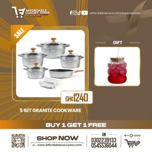 5-Piece NSFE Non-Stick Granite Cookware Set + GlasKey Glass Tumbler