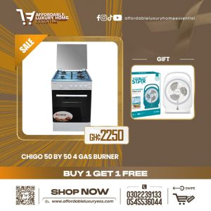 CHIGO F5402-ILG-IS 50x50 Gas Cooker with 4 Burners, Oven, and Grill + Winning Star ST-4063 LED Light Table Fan