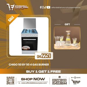 CHIGO F5402-ILG-IS 50x50 Gas Cooker with 4 Burners, Oven, and Grill + Elegant Ribbed Glass Pitcher Set with Gold Rim