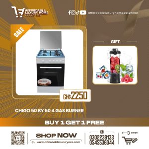CHIGO F5402-ILG-IS 50x50 Gas Cooker with 4 Burners, Oven, and Grill +  Portable Rechargeable Blender