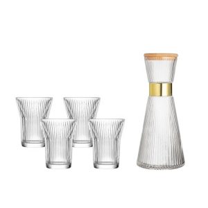 Elegant Ribbed Glass Pitcher Set with Gold Rim