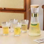 Elegant Ribbed Glass Pitcher Set with Gold Rim