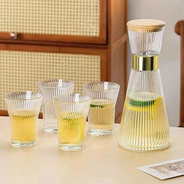 Elegant Ribbed Glass Pitcher Set with Gold Rim