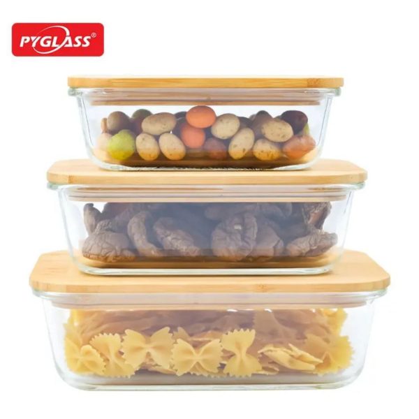 3-Piece Rectangular Glass Food Container Set with Bamboo Lids
