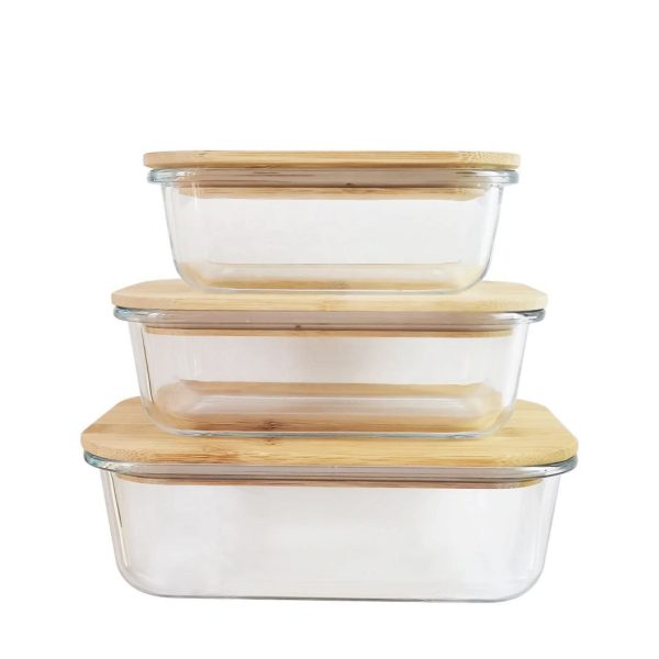 3-Piece Rectangular Glass Food Container Set with Bamboo Lids
