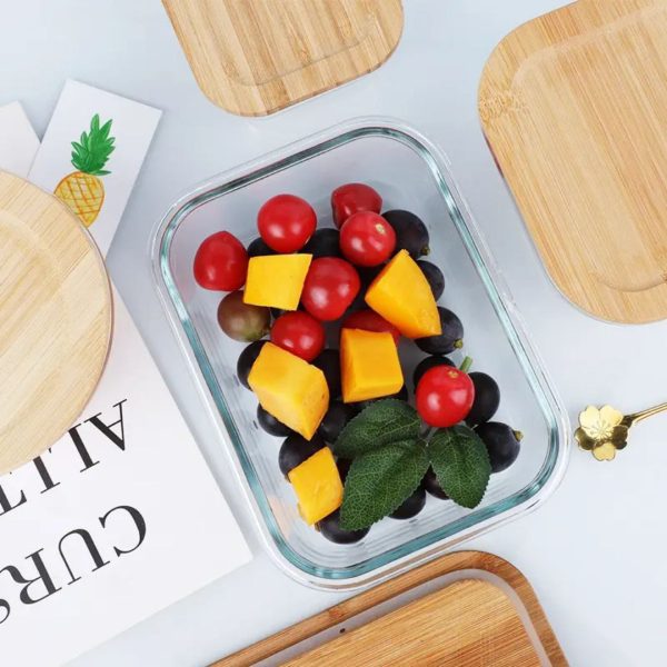 3-Piece Rectangular Glass Food Container Set with Bamboo Lids