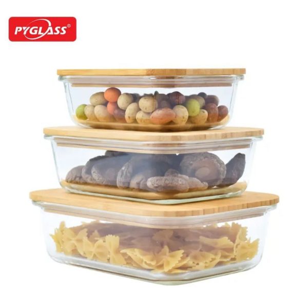 3-Piece Rectangular Glass Food Container Set with Bamboo Lids