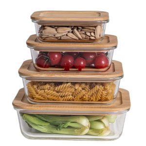 3-Piece Rectangular Glass Food Container Set with Bamboo Lids