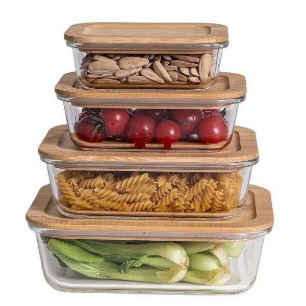 3-Piece Rectangular Glass Food Container Set with Bamboo Lids