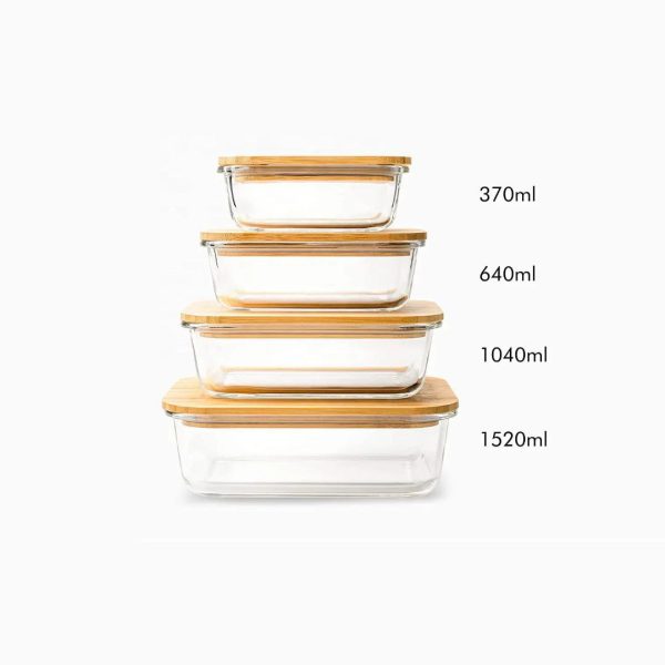 4-Piece Rectangular Glass Food Container Set with Bamboo Lids
