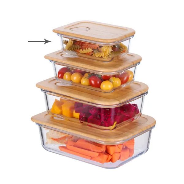 4-Piece Rectangular Glass Food Container Set with Bamboo Lids