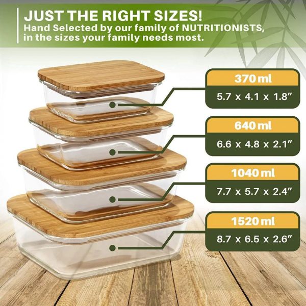 4-Piece Rectangular Glass Food Container Set with Bamboo Lids