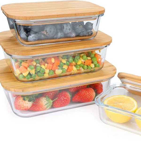 4-Piece Rectangular Glass Food Container Set with Bamboo Lids