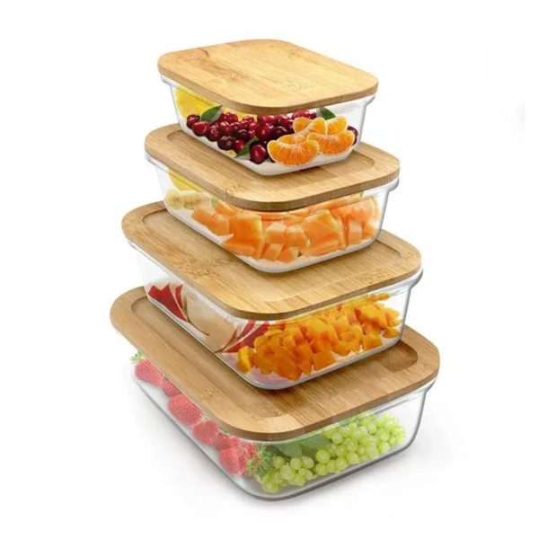 4-Piece Rectangular Glass Food Container Set with Bamboo Lids