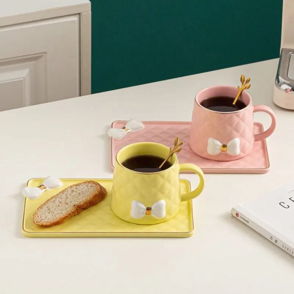 Elegant Pink Ceramic Mug and Saucer Set with Bow
