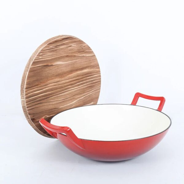 Cast Iron Wok Pan (Enameled with Wooden Lid)