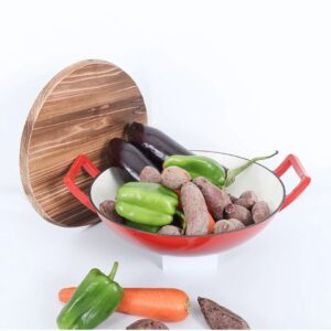 Cast Iron Wok Pan (Enameled with Wooden Lid)