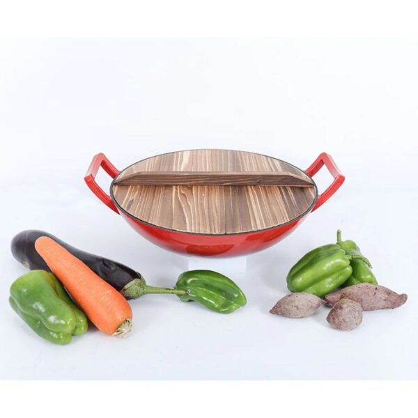 Cast Iron Wok Pan (Enameled with Wooden Lid)