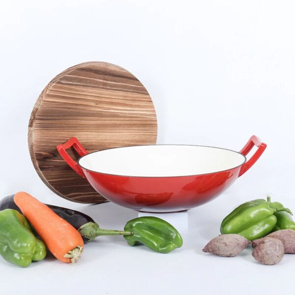Cast Iron Wok Pan (Enameled with Wooden Lid)