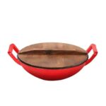 Cast Iron Wok Pan (Enameled with Wooden Lid)