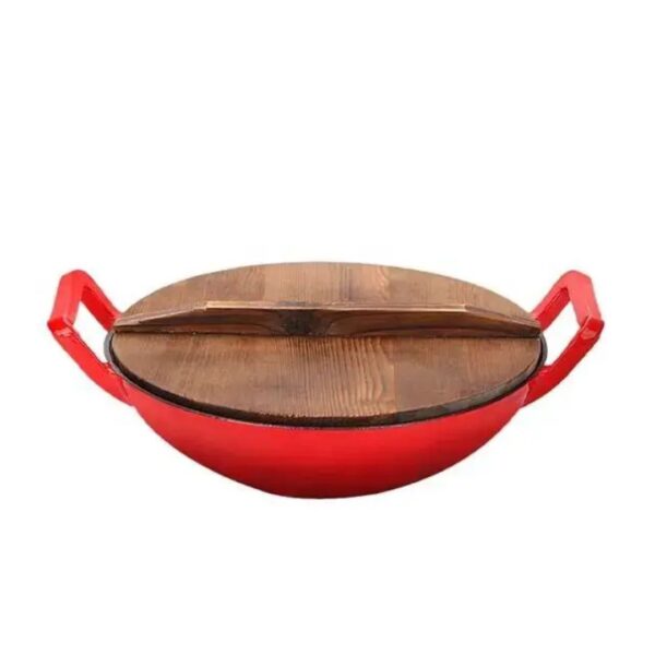 Cast Iron Wok Pan (Enameled with Wooden Lid)