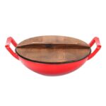 Cast Iron Wok Pan (Enameled with Wooden Lid)