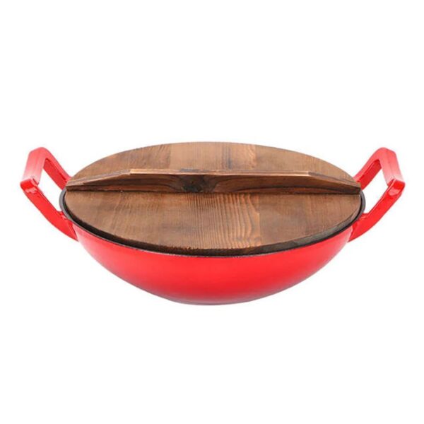 Cast Iron Wok Pan (Enameled with Wooden Lid)