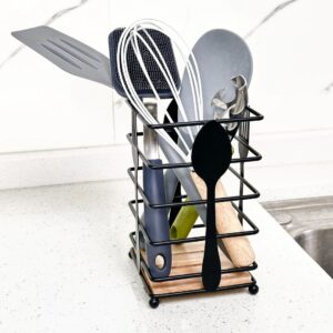 Cutlery Holder (Metal Wire Kitchen Utensil Crock with Wooden Base)