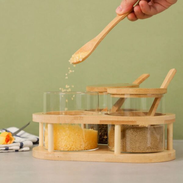 3 Pcs Canister Set: Glass Condiment Jars with Bamboo Lids and Spoons