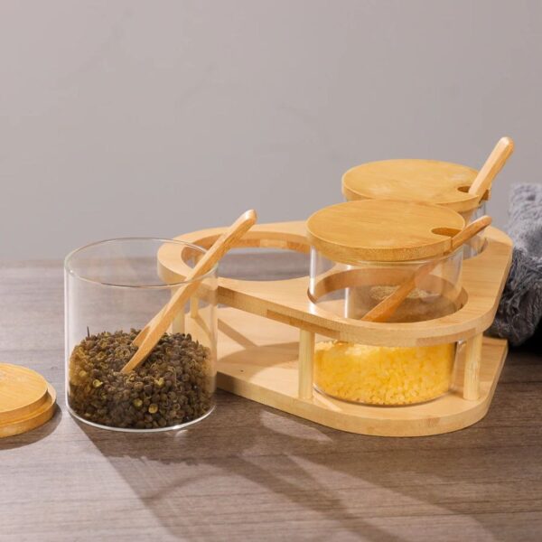 3 Pcs Canister Set: Glass Condiment Jars with Bamboo Lids and Spoons