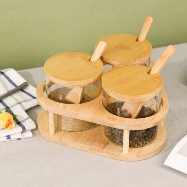 3 Pcs Canister Set: Glass Condiment Jars with Bamboo Lids and Spoons