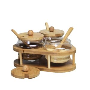3 Pcs Canister Set: Glass Condiment Jars with Bamboo Lids and Spoons