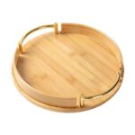 2 Pcs Wooden Tray Set (Round Bamboo with Gold Handles)