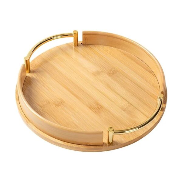 2 Pcs Wooden Tray Set (Round Bamboo with Gold Handles)