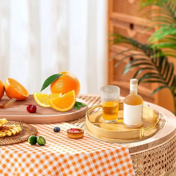 2 Pcs Wooden Tray Set (Round Bamboo with Gold Handles)