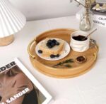 2 Pcs Wooden Tray Set (Round Bamboo with Gold Handles)