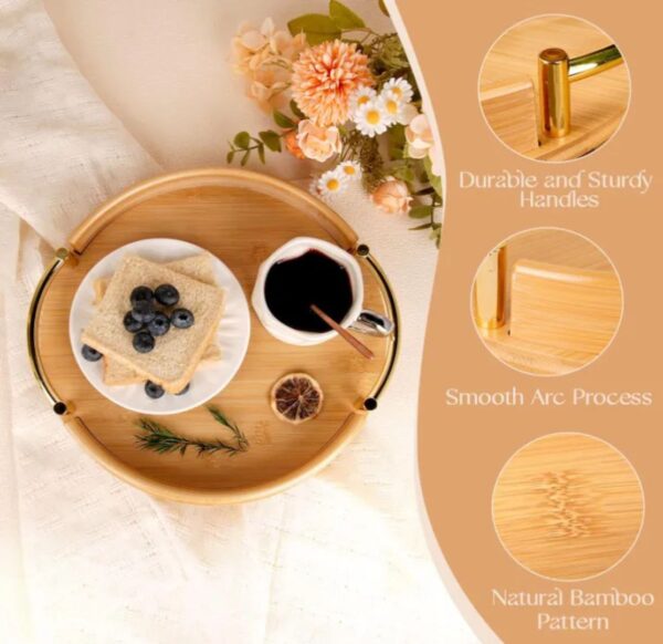 2 Pcs Wooden Tray Set (Round Bamboo with Gold Handles)