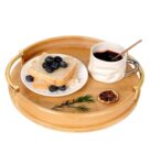 2 Pcs Wooden Tray Set (Round Bamboo with Gold Handles)