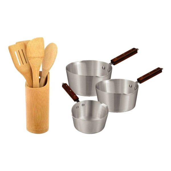 3 Pcs Aluminum Milk Pot Set with Wooden Handles