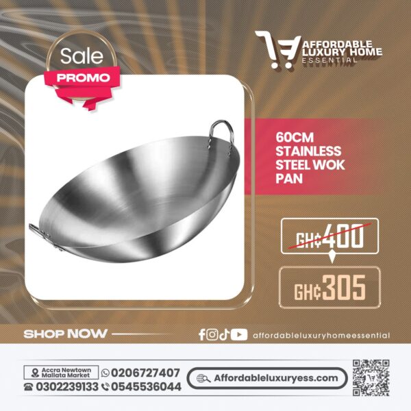 60cm Stainless Steel Wok Pan with Dual Handles