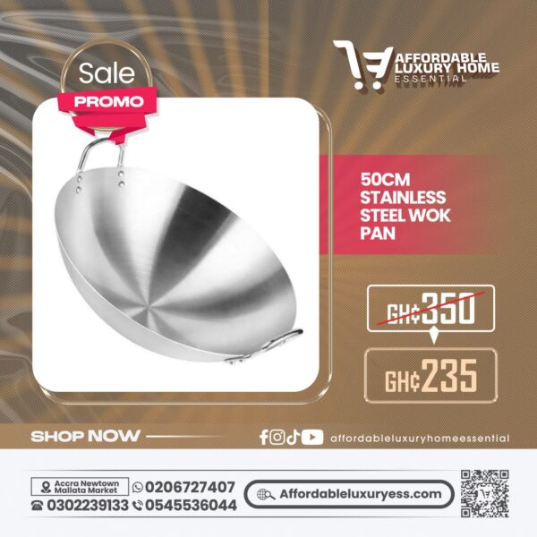 50cm Stainless Steel Wok Pan with Dual Handles