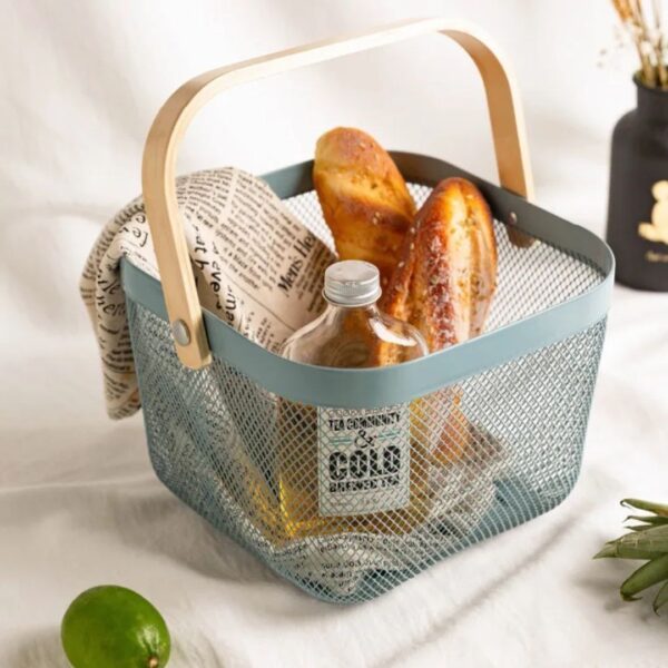 IKEA RISATORP Wire Storage Basket with Wooden Handle