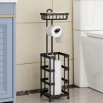 Freestanding Toilet Roll Holder with Storage Basket and Rack