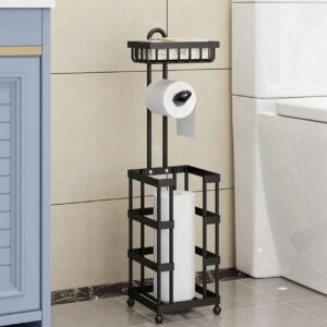 Freestanding Toilet Roll Holder with Storage Basket and Rack