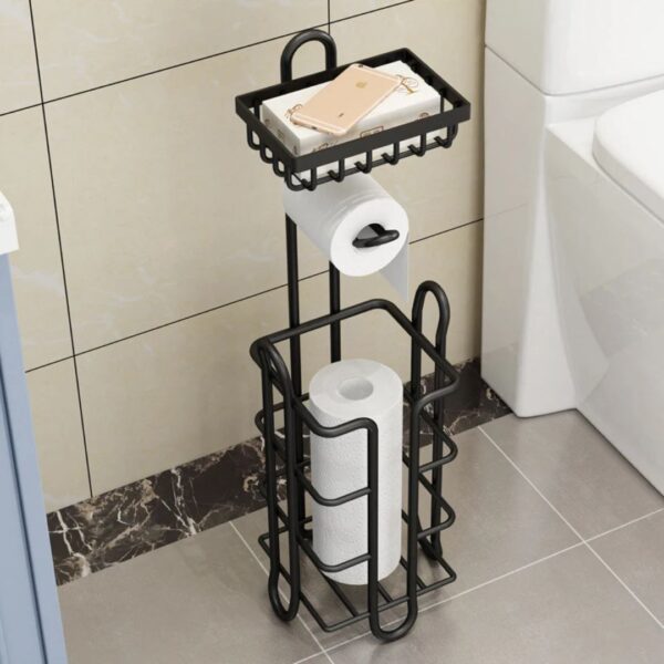 Freestanding Toilet Roll Holder with Storage and Top Tray