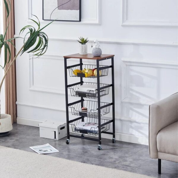 4 Tier Storage Trolley with Wooden Top and Wire Baskets