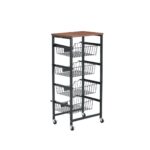 4 Tier Storage Trolley with Wooden Top and Wire Baskets