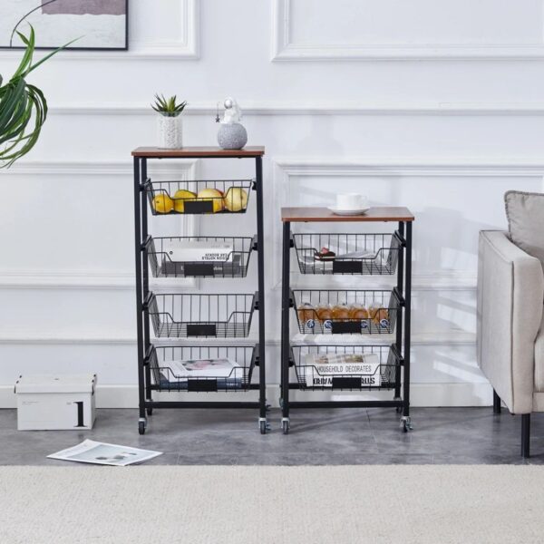 4 Tier Storage Trolley with Wooden Top and Wire Baskets
